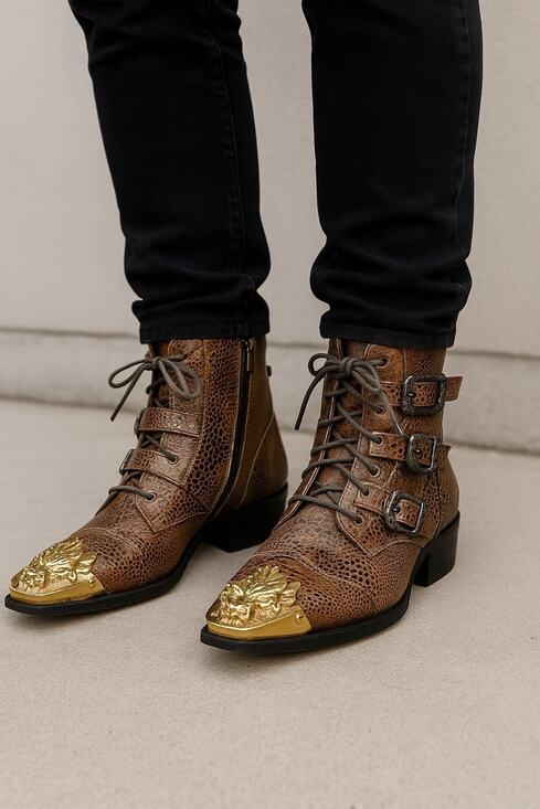 Aomi Shoes Snakeskin Western Gothic Boots w/ Gold Dragon Toe & Buckle Straps Men main image 6